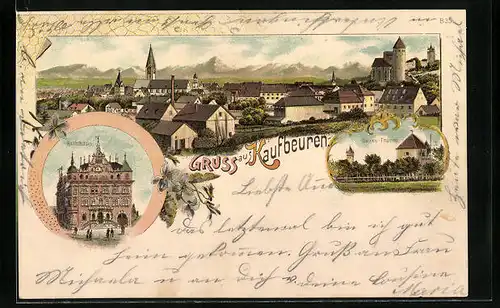 Lithographie Kaufbeuren, Rathhaus, Hexenthurm, Ortsansicht