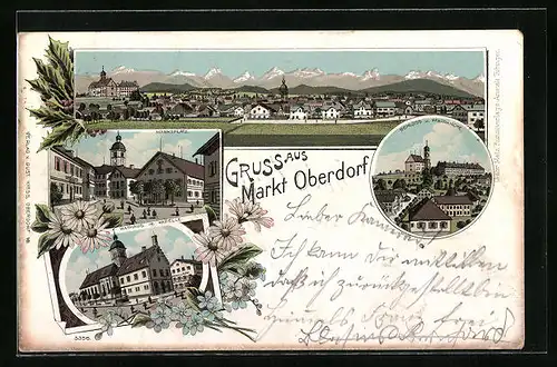 Lithographie Markt Oberdorf, Marktrplatz, Schloss und Pfarrkirche, Ortsansicht