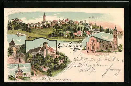 Lithographie Friedberg /Bay., Kirche Maria Alber, Schloss, Ortsansicht