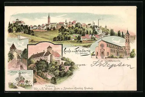 Lithographie Friedberg /Bay., Kirche Maria Alber, Schloss, Ortsansicht