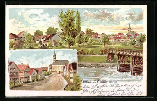 Künstler-AK Gersthofen, Flusspartie, Strassenpartie mit Kirche