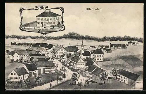 Künstler-AK Uttenhofen, Gasthaus, Ortsansicht aus der Vogelschau