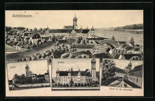 AK Wettenhausen, Kirche, Kloster, Partie an der Kammlach, Ortsansicht