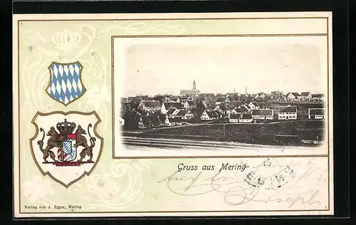 Passepartout-Lithographie Mering, Ortsansicht, Stadtwappen, Bayerisches Wappen