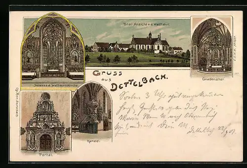 Lithographie Dettelbach, Wallfahrtskirche - Aussenansicht, Kanzel, Gnadenaltar