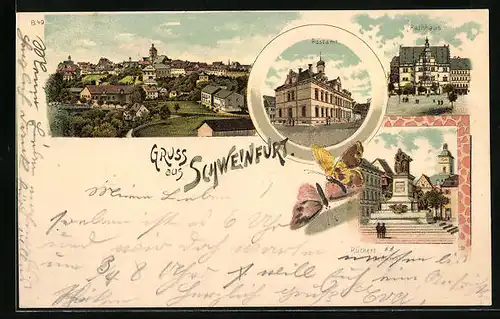 Lithographie Schweinfurt, Rückertdenkmal, Postamt, Rathaus, Gesamtansicht