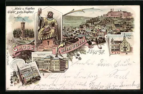 Lithographie Kulmbach, Ritter mit Trinkglas, Ortsansicht, Rathaus und Post, Realschule