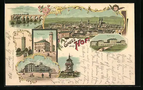 Lithographie Hof, Unterholzauerbrücke, Totalansicht, Bahnhof, Thomas-Höhe