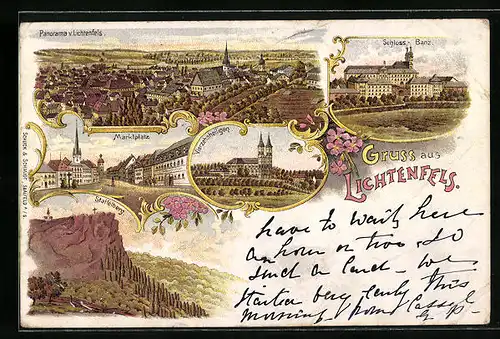 Lithographie Lichtenfels, Marktplatz, Schloss Banz, Vierzehnheiligen