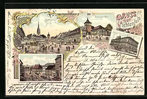 Lithographie Lichtenfels, Marktplatz, Bamberger Thor, Schule, Strassenpartie