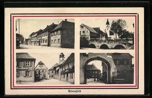 AK Ebensfeld, Kaufhaus und Bäckerei Oppmann, Strassenpartie, Brücke und Kirche