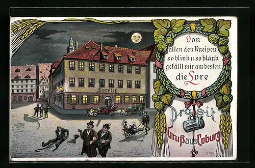 AK Coburg, Gasthaus Loreley unterm lachenden Vollmond