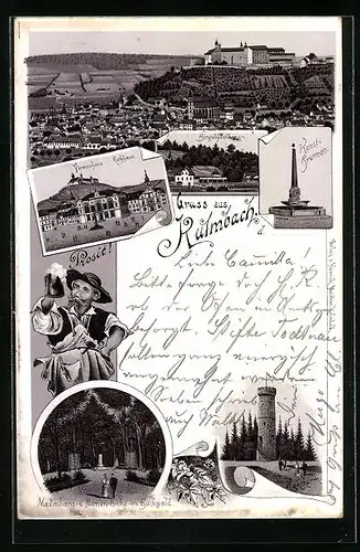 Lithographie Kulmbach, Gasthaus Bergschlösschen, Vereinshaus und Rathaus, Kunst-Brunnen