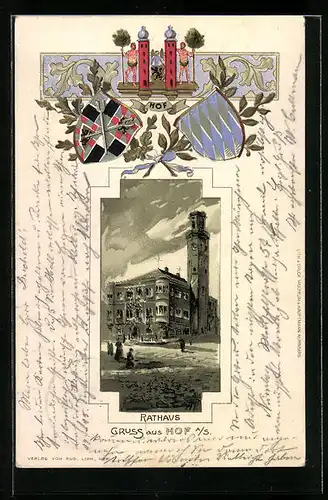 Passepartout-Lithographie Hof a. S., Darstellung des Rathauses, Wappen