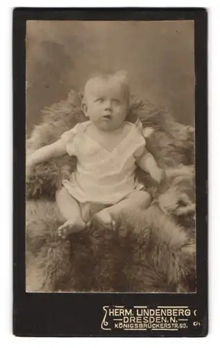 Fotografie Herm. Lindenberg, Dresden-N., Königsbrückerstr. 93, Süsses Kleinkind im Hemd sitzt auf Fell