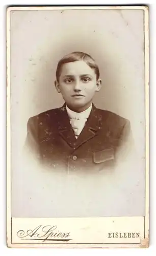 Fotografie A. Spiess, Eisleben, Halbwüchsiger Knabe im Anzug mit Krawatte