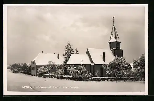 AK Möttlingen, Kirche mit Pfarrhaus im Schnee