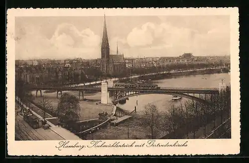 AK Hamburg-Uhlenhorst, Kuhmühlenteich mit Gertrudenkirche