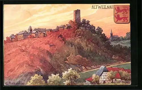 Künstler-AK Altweilnau, Blick auf die Burgruine mit Wappen