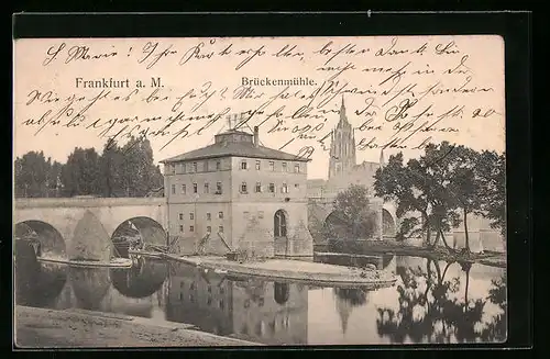 AK Frankfurt a. M., Brückenmühle mit Uferpartie