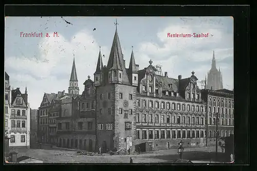 AK Frankfurt a. M., Rententurm-Saalhof mit Strassenpartie