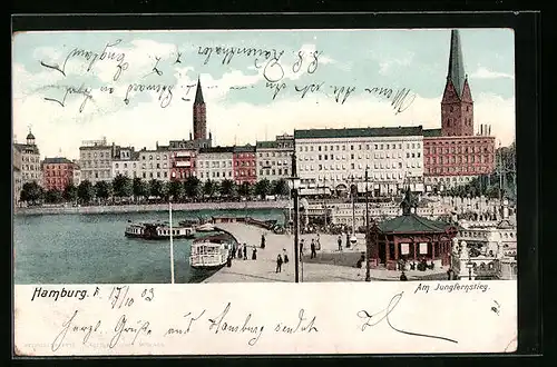 AK Hamburg-Neustadt, Boote am Jungfernstieg, Uferpromenade mit Kirchturm