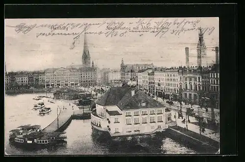 AK Hamburg-Neustadt, Ortspartie mit Alster-Pavillon, Kirchen, Boote