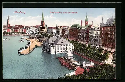 AK Hamburg, Jungfernstieg mit Alsterdamm, Schiffe, Kirchtürme