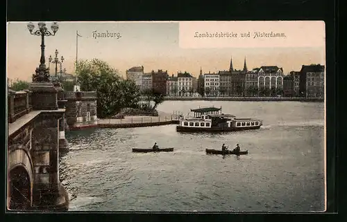 AK Hamburg, Lombardsbrücke, Boote auf dem Alsterdamm