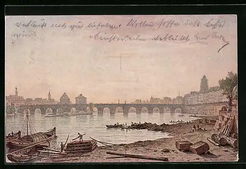 Künstler-AK Frankfurt a. M., Die alte Mainbrücke im Jahr 1851, von Osten gesehen