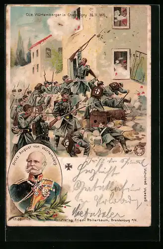Lithographie Prinz August von Würtemberg, Württemberger in Chamnigny 1870