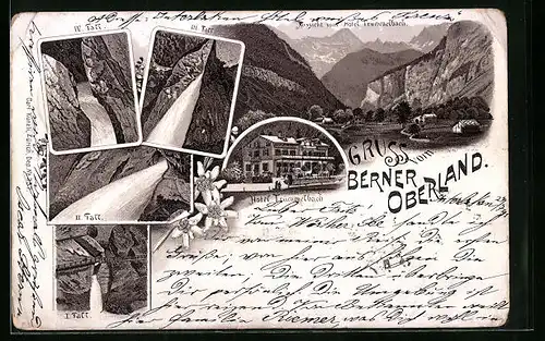 Vorläufer-Lithographie Bern, Berner Oberland mit Wasserfällen und Hotel Trümmelbach 1895