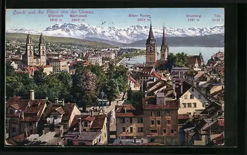 AK Zürich, Ortsansicht und die Alpen von der Urania aus