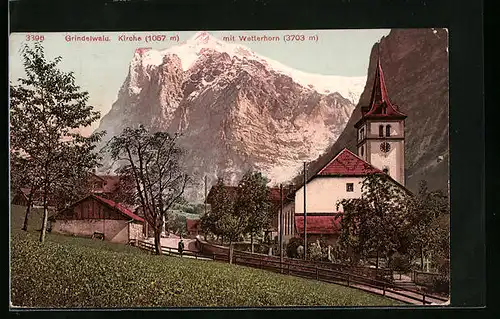 AK Grindelwald, Kirche mit Wetterhorn