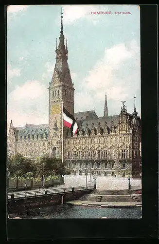 AK Hamburg, Rathaus mit Ufertreppe, Fahne