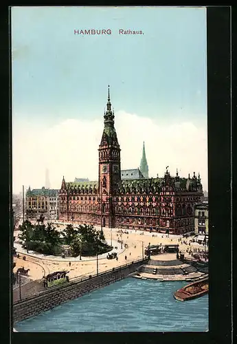 AK Hamburg, Rathaus mit Vorplatz, Strassenbahn