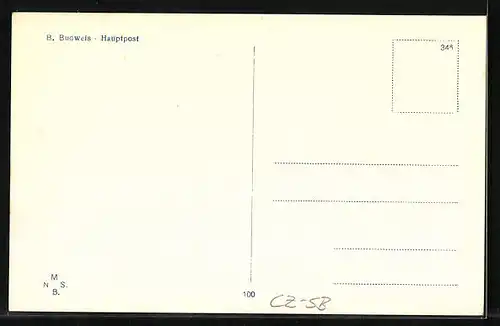 AK B. Budweis, Hauptpostgebäude von der Strasse gesehen