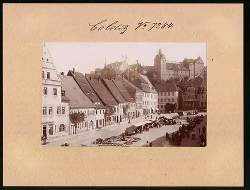 Fotografie Brück & Sohn Meissen, Ansicht Colditz, Partie am Markt mit Geschäften Marie Fiedler, Herm. Wanneck
