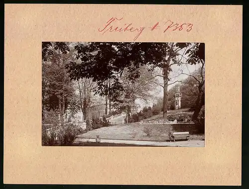 Fotografie Brück & Sohn Meissen, Ansicht Freiberg i. Sa., Partie im Albertpark mit Schwedendenkmal, Knabe auf Parkbank