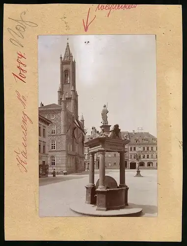 Fotografie Brück & Sohn Meissen, Ansicht Kamenz i. Sa, Marktplatz mit dem Andreasbrunnen, Hotel zum goldenen Stern