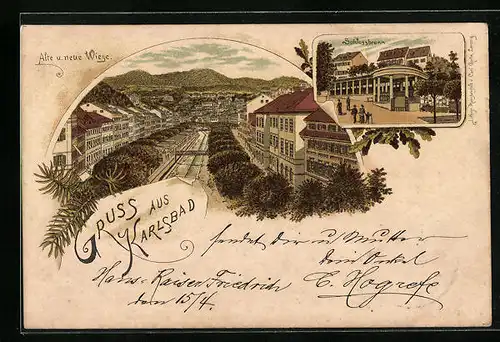 Lithographie Karlsbad, Alte u. neue Wiese, Schlossbrunn