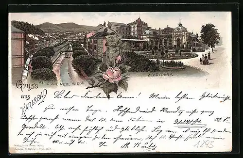 Vorläufer-Lithographie Karlsbad, 1895, Alte und neue Wiese, Stadtpark