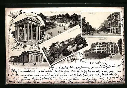 Lithographie Franzensbad, Königsvilla, Stahlquelle, Kurparkpromenade