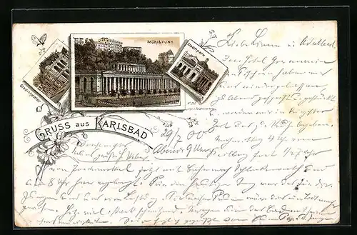 Lithographie Karlsbad, Mühlbrunn, Stadttheater, Stadtpark