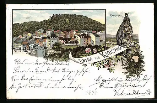 Lithographie Karlsbad, Teilansicht, Hirschensprung