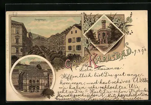 Lithographie Karlsbad, Theater, Franz Josephs Höhe, Parkstrasse