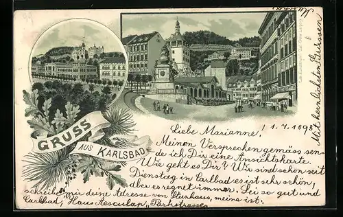 Lithographie Karlsbad, Strassenpartie mit Gebäudeansicht, Ortspartie