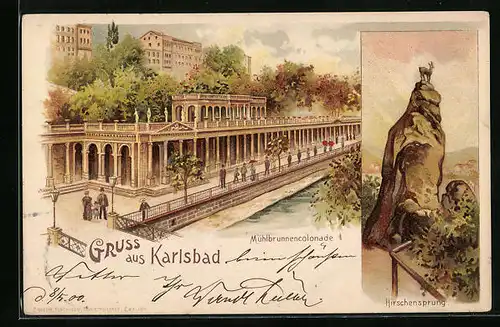 Lithographie Karlsbad, Mühlbrunnencolonnade, Hirschensprung