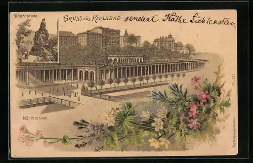 Lithographie Karlsbad, Mühlbrunnen, Hirschsprung