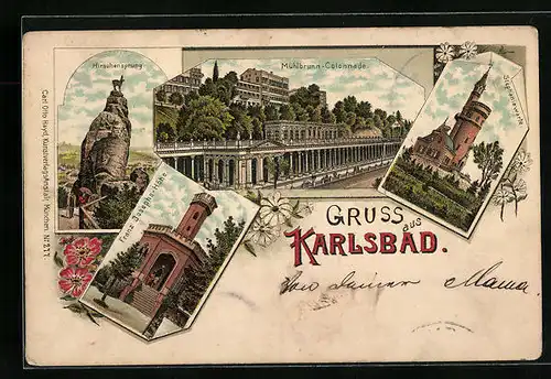 Lithographie Karlsbad, Mühlbrunn-Colonnade, Franz Josephs-Höhe, Hirschensprung